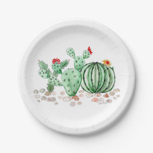 Watercolor cactus flowers plants cartoon paper plate