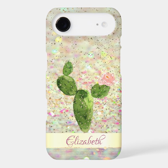 Watercolor Cactus, Glitter Bokeh - Personalised (Back)