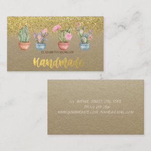 Watercolor Cactus Gold Glitter Kraft Business Card