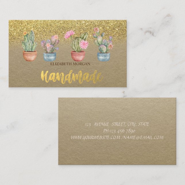 Watercolor Cactus Gold Glitter Kraft Business Card (Front/Back)