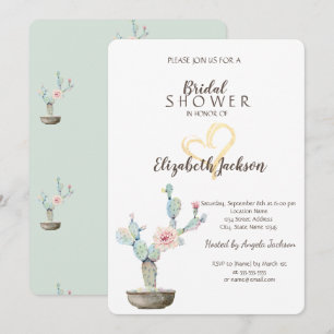 Watercolor Cactus Gold Heart Bridal Shower Invitation