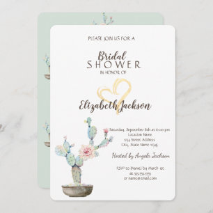 Watercolor Cactus Gold Heart Bridal Shower Invitation