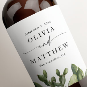 Watercolor cactus greenery modern script wedding  wine label