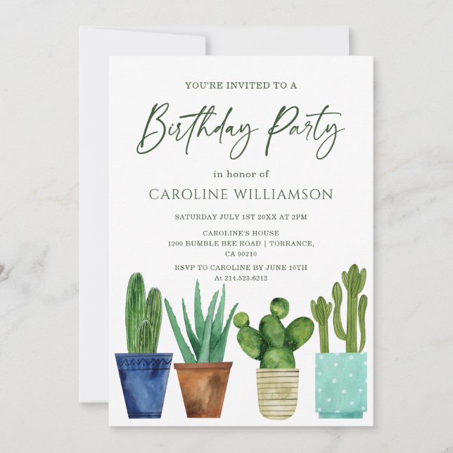 Watercolor Cactus House Plants Birthday Party Invitation (Front)
