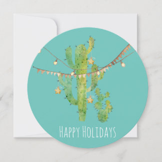 Watercolor Cactus & Lights Round Christmas Card