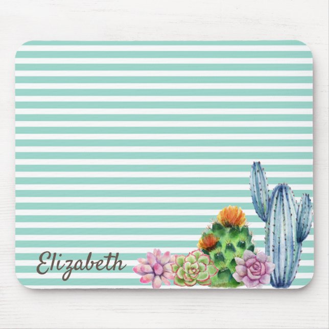 Watercolor Cactus,Mint Green Stripe Mouse Mat (Front)