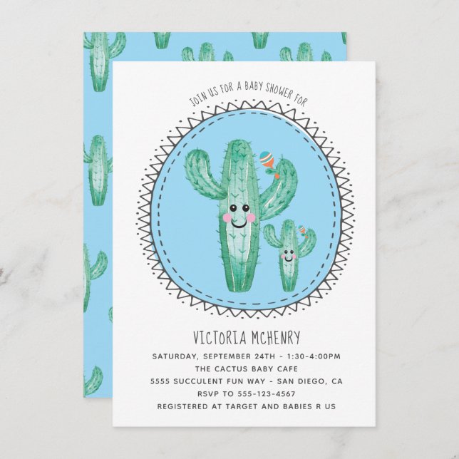 Watercolor Cactus Momma and Baby Shower Invitation (Front/Back)