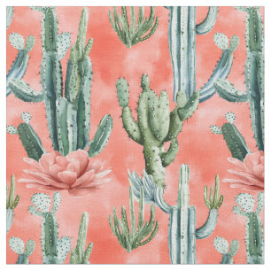 Watercolor Cactus on Coral Fabric