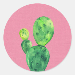 Watercolor cactus on pink. Green cute succulent Classic Round Sticker