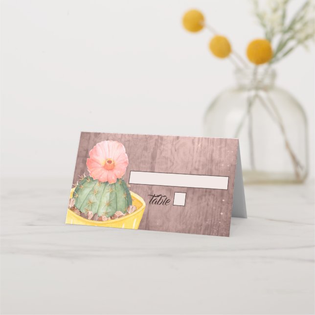 Watercolor Cactus Orange Bloom Wedding Place Card (Front)