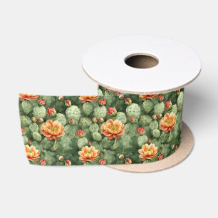 Watercolor Cactus Orange Flowers Pattern Satin Ribbon