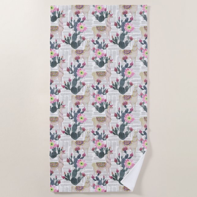 Watercolor Cactus Pattern Beach Towel (Front)
