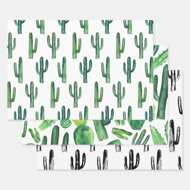 Watercolor cactus pattern. Green modern cacti Wrapping Paper Sheet (Set)