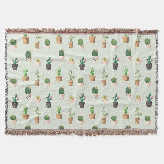 Watercolor Cactus Pattern Mint Green Throw Blanket (Front)