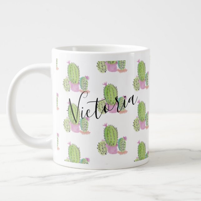 Watercolor Cactus Pattern Name Giant Coffee Mug (Left)