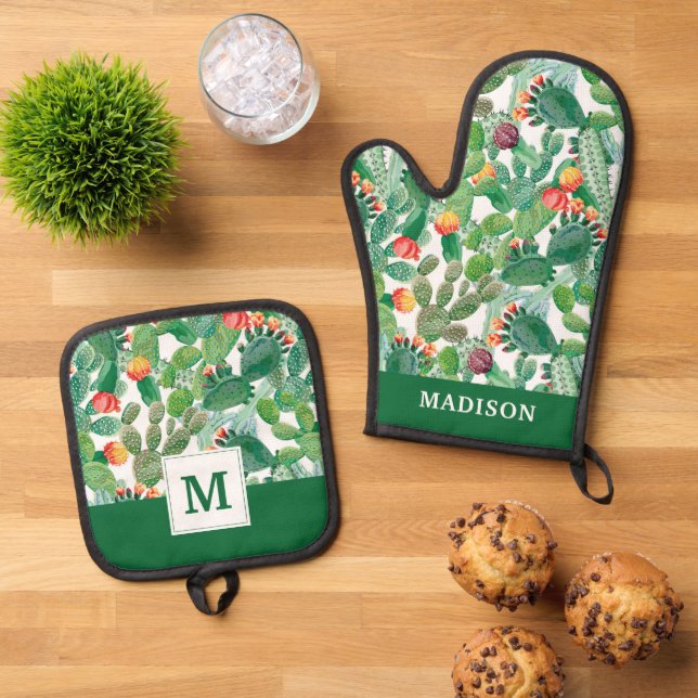 Watercolor Cactus Pattern Oven Mitt & Pot Holder Set (Top Down)