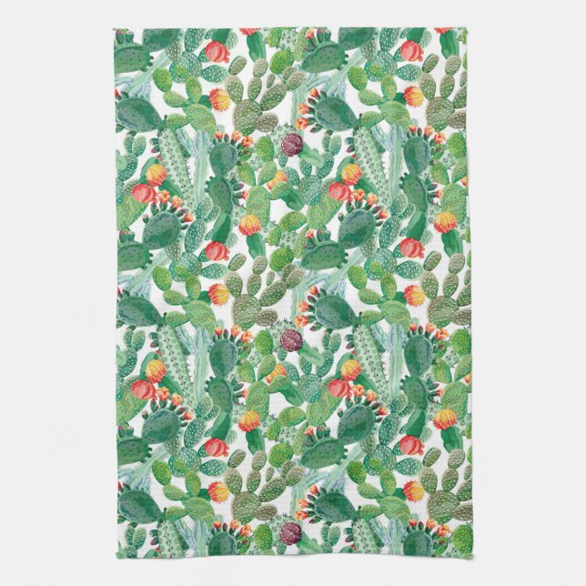 Watercolor Cactus Pattern Tea Towel (Vertical)