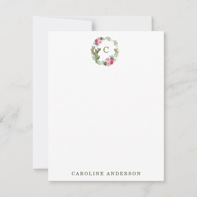 Watercolor Cactus Pink Floral Wreath Personalised  Card (Front)