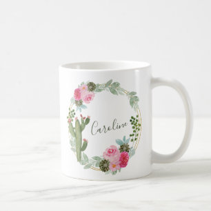 Watercolor Cactus Pink Floral Wreath Personalised  Coffee Mug