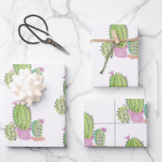 Watercolor Cactus Plant Green Pink Wrapping Paper Sheet