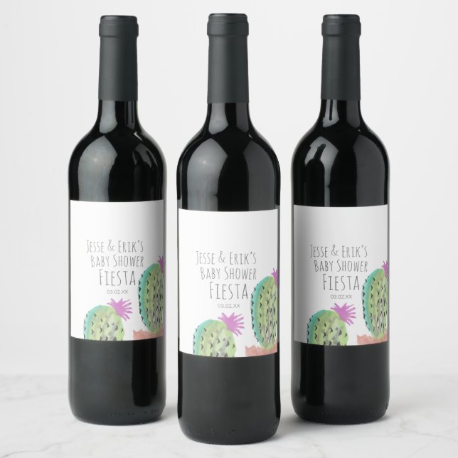 Watercolor Cactus Plants Hand Painted Baby Shower Wine Label (Bottles)
