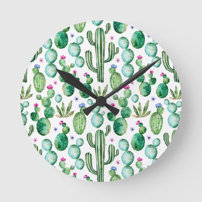 Watercolor Cactus Plants Pattern Round Clock (Front)