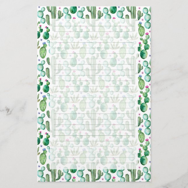 Watercolor Cactus Plants Pattern Stationery (Front)