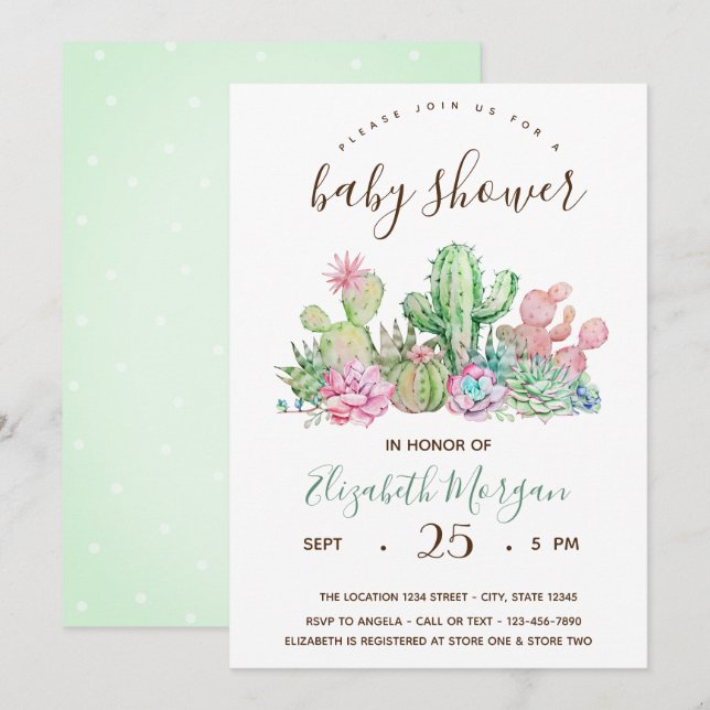 Watercolor Cactus Polka Dots Baby Shower Invitation (Front/Back)