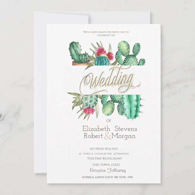 Watercolor Cactus Polka Dots Wedding Invitation (Front)