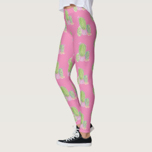 Watercolor Cactus Pot Plant Pattern Pink Leggings