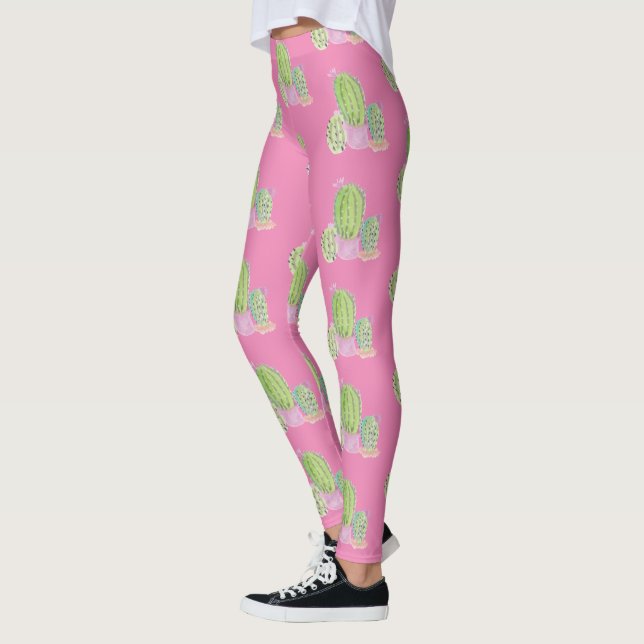Watercolor Cactus Pot Plant Pattern Pink Leggings (Left)