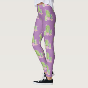 Watercolor Cactus Pot Plant Pattern Purple Leggings