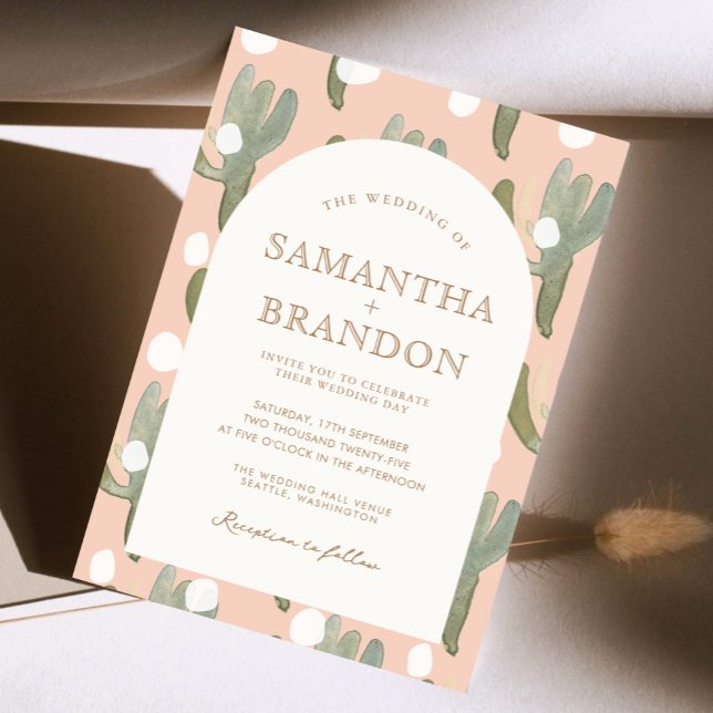 Watercolor Cactus Romantic Peachy Gold Wedding Invitation (Creator Uploaded)