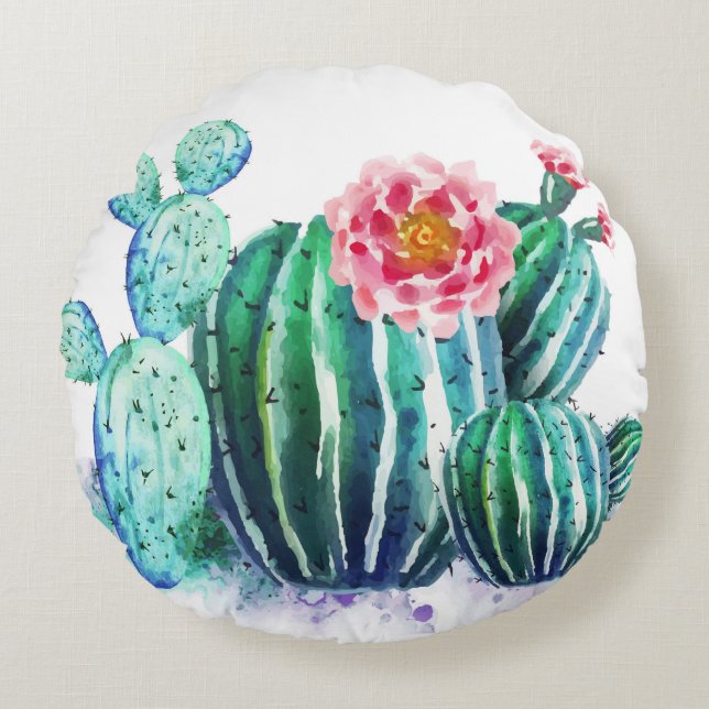 watercolor Cactus Round Cushion (Front)