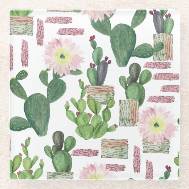 Watercolor Cactus Seamless Painting Pattern Glass Coaster (Front)