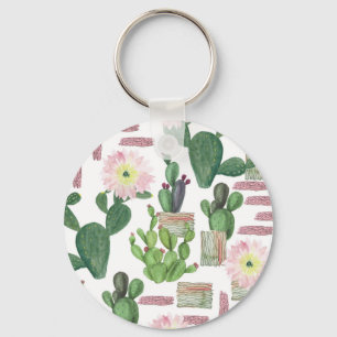 Watercolor Cactus Seamless Painting Pattern Key Ring