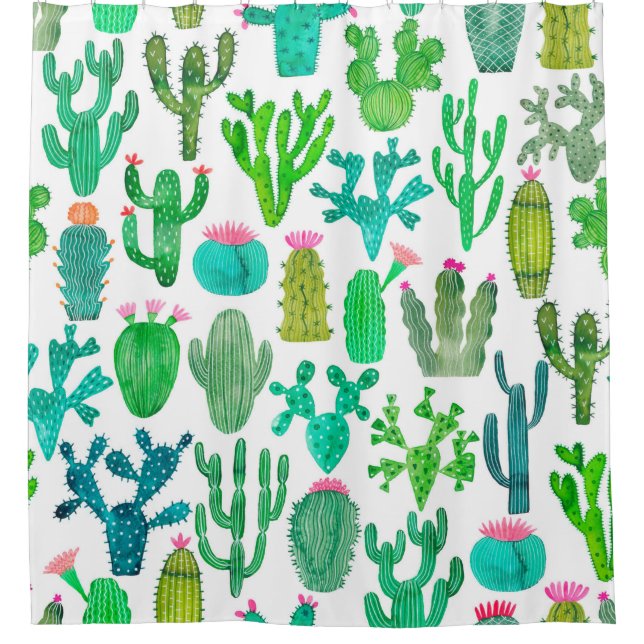 Watercolor cactus seamless pattern. Cacti backgrou Shower Curtain (Front)