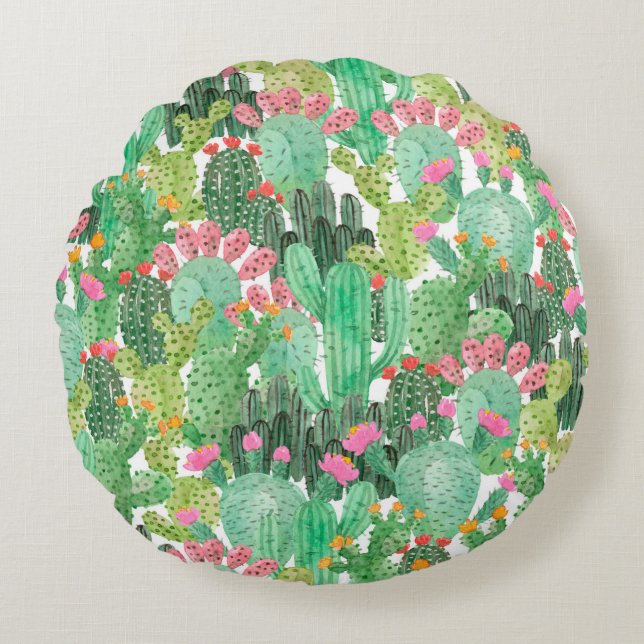Watercolor cactus seamless pattern round cushion (Front)