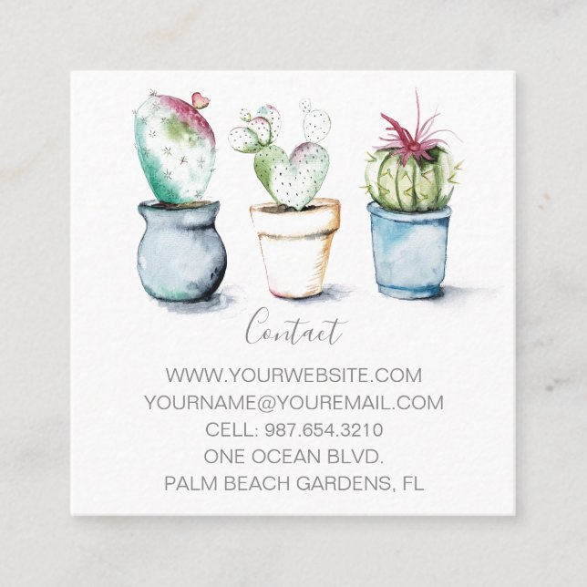 Watercolor Cactus Small Marketing Square Business Card (Front)