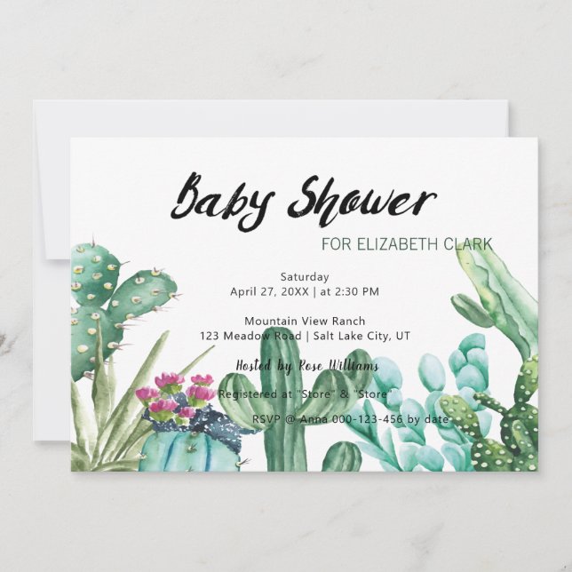 Watercolor Cactus & Succulent Baby Shower  Invitation (Front)