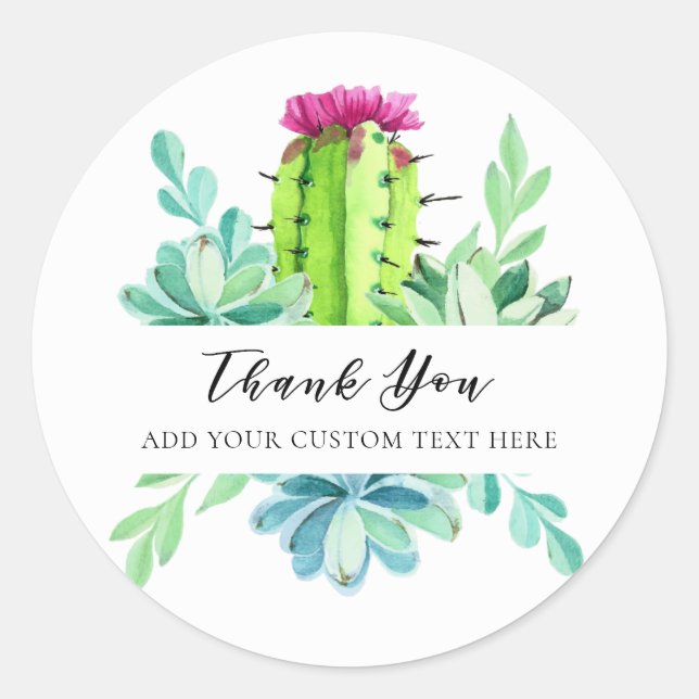 Watercolor Cactus Succulent Custom Thank You Classic Round Sticker (Front)