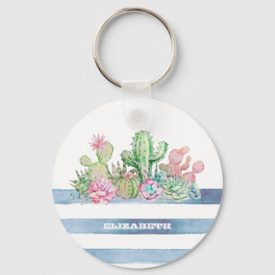 Watercolor Cactus Succulent Flowers Stripes Key Ring
