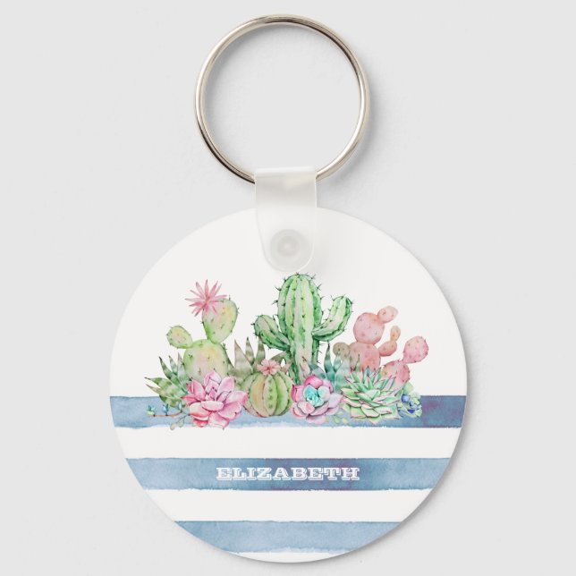 Watercolor Cactus Succulent Flowers Stripes  Key Ring (Front)