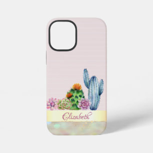Watercolor Cactus,Succulent Pink Stripe iPhone 12 Mini Case