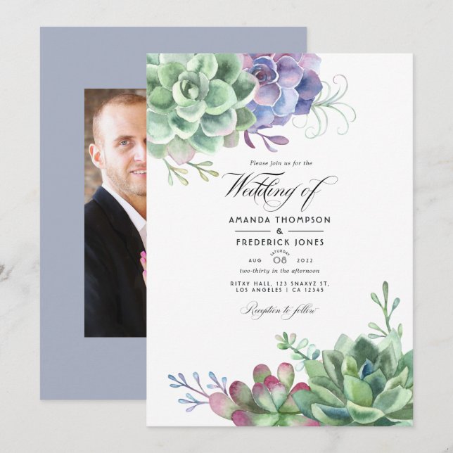 Watercolor Cactus Succulent Plants Wedding Photo Invitation (Front/Back)