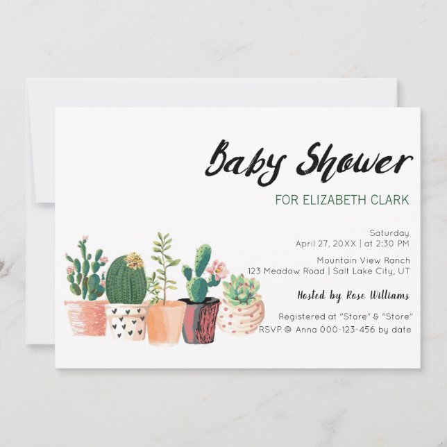 Watercolor Cactus & Succulent Pots Baby Shower Invitation (Front)