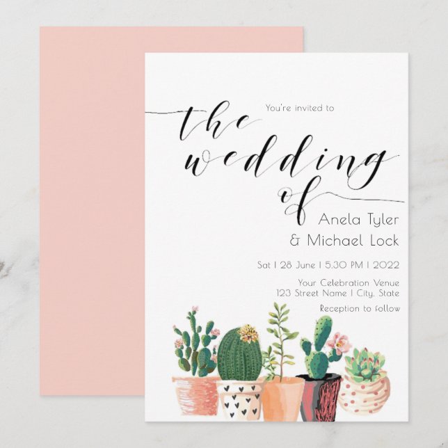 Watercolor Cactus Succulent Typography Wedding Invitation (Front/Back)
