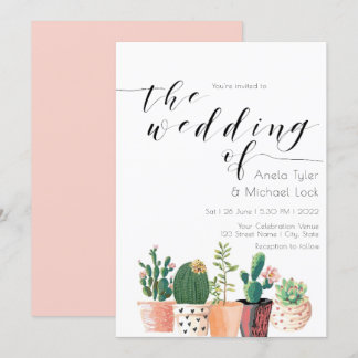 Watercolor Cactus Succulent Typography Wedding Invitation