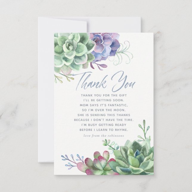 Watercolor Cactus Succulents Baby Shower Thank You Card (Front)