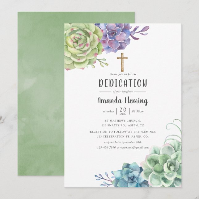 Watercolor Cactus Succulents Baptism/Christening Invitation (Front/Back)